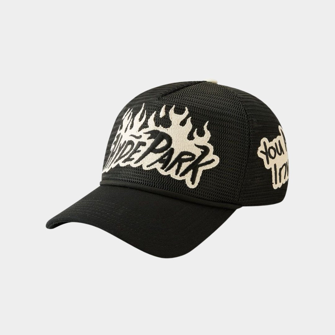 Flatlay of Hyde Park Nothing But Net Trucker Hat in black