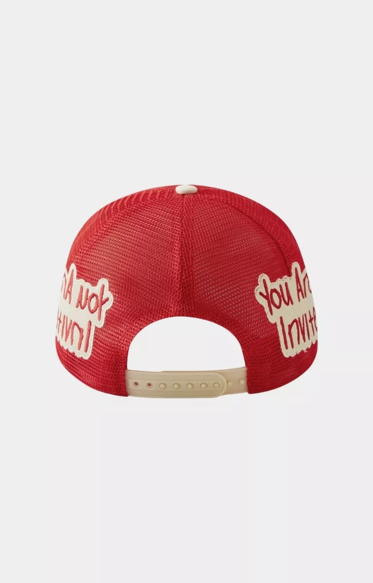 Hyde Park Goods red trucker hat with snapback closure.