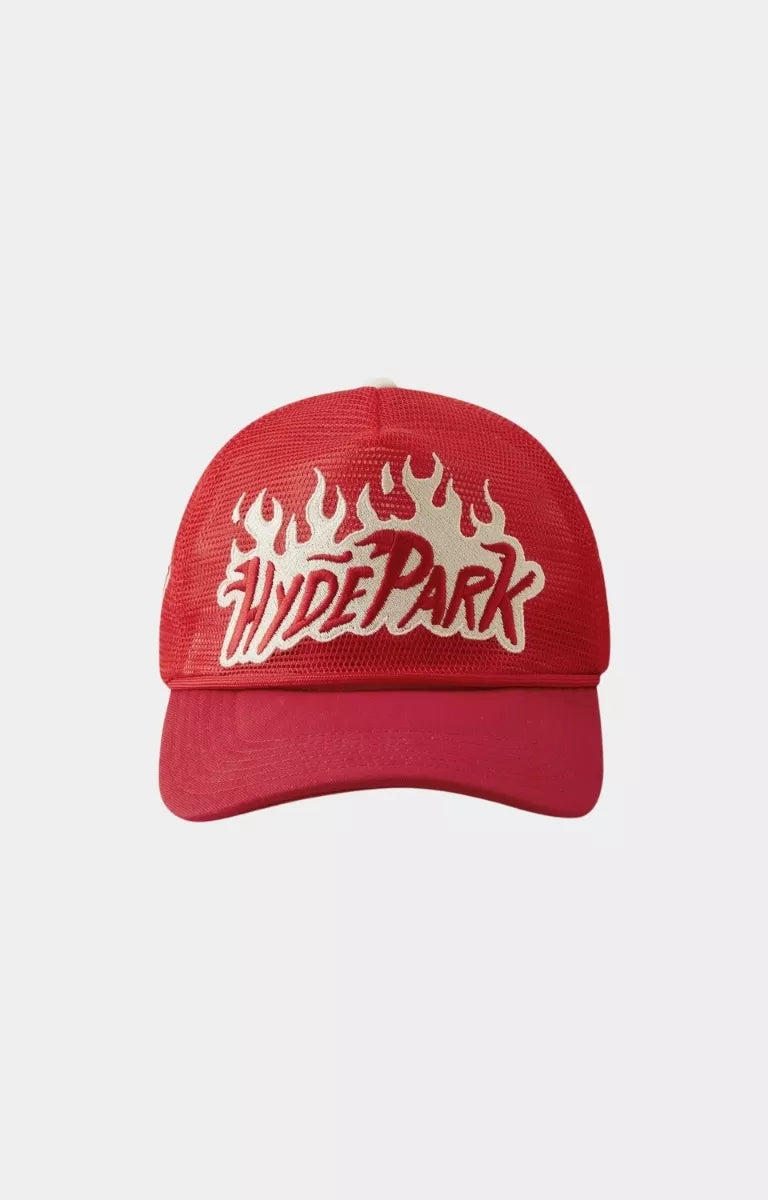 Hyde Park Nothing But Net Trucker Hat Red front view.