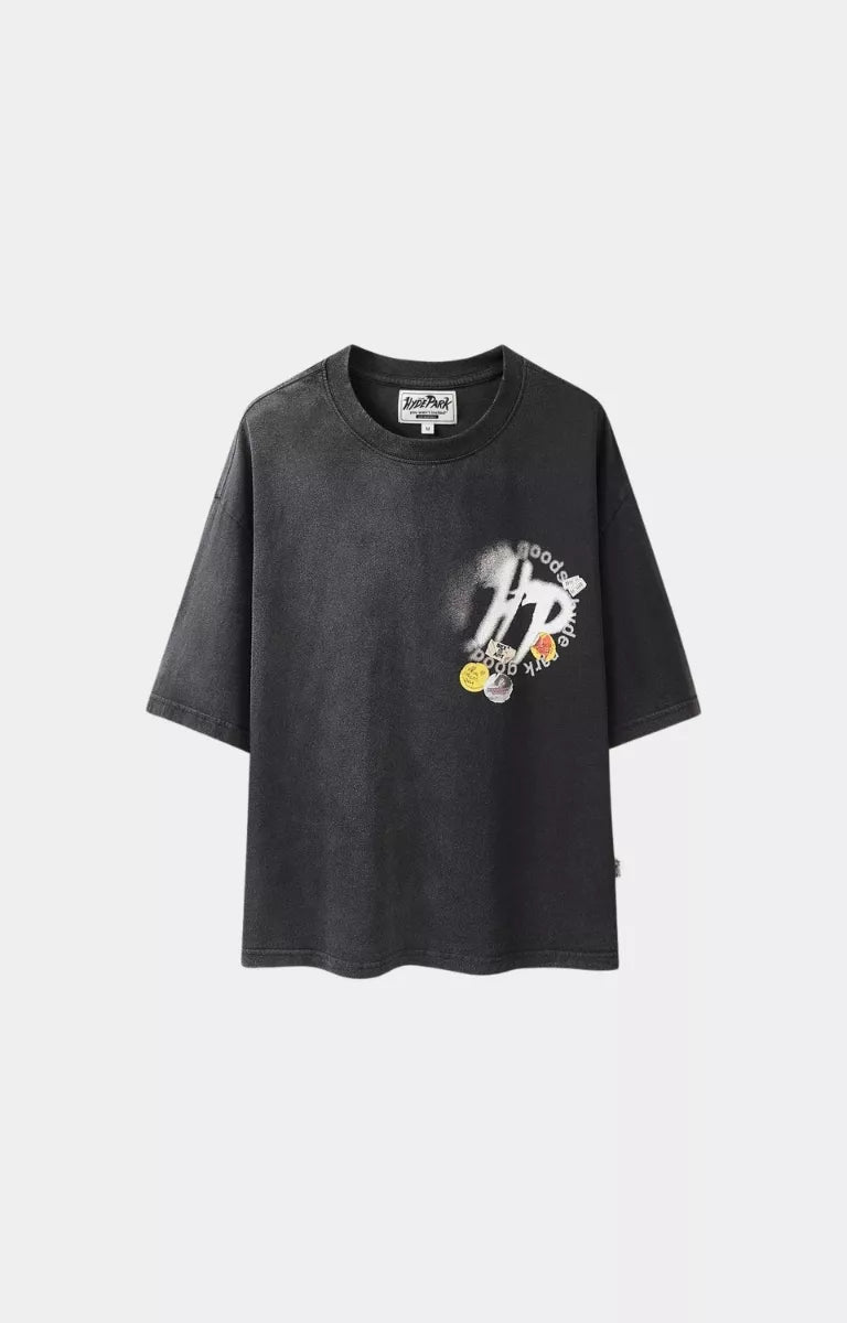 Hyde Park Over Spray Sticker Slap HP Black T-Shirt front view.