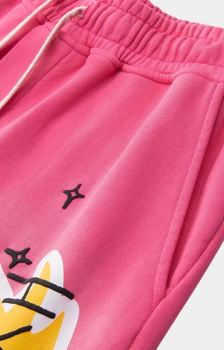 Pink drawstring cotton shorts featuring Hyde Park graphic artwork.