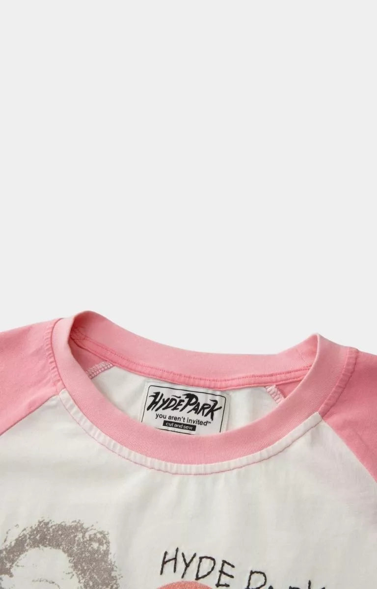 closeup of crewneck of Hyde Park I Heart Cash Raglan T-Shirt Pink