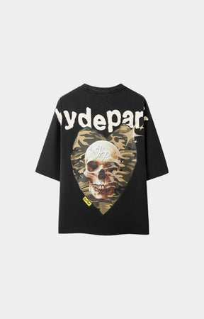Back view of Hyde Park Power Skull Camo Heart Tee premium cotton streetwear