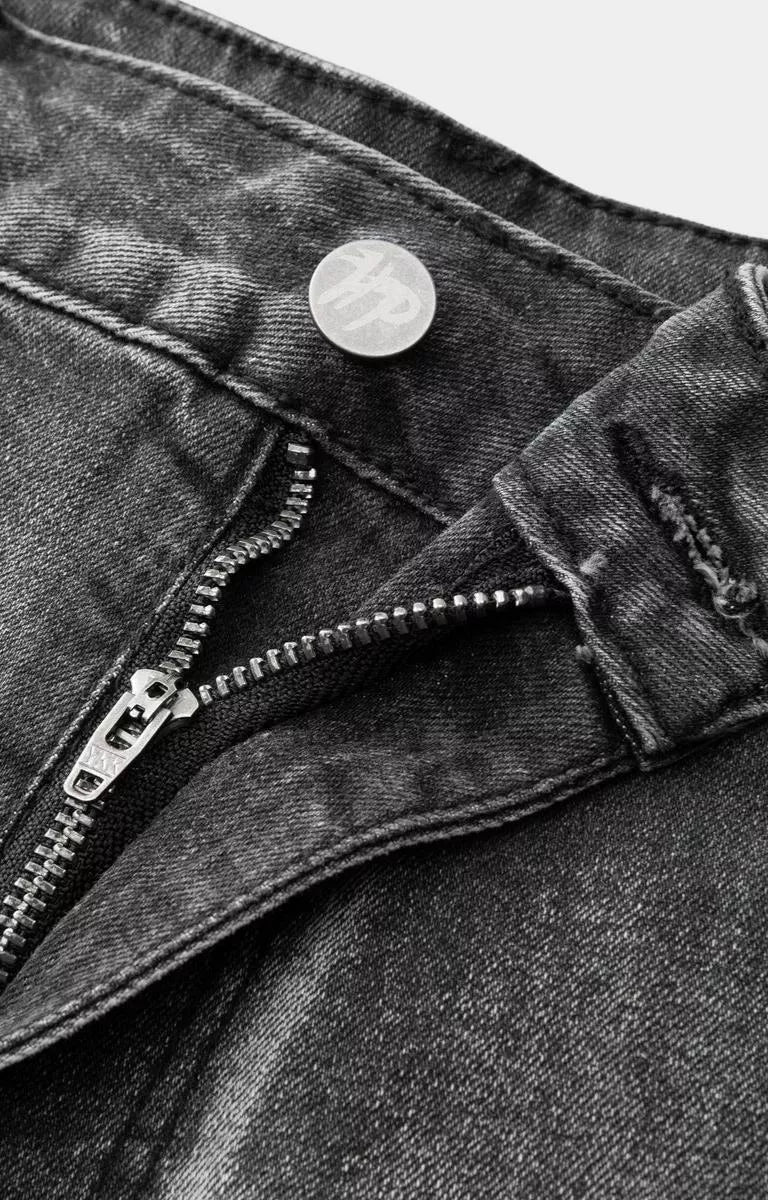 Black graphic denim shorts with Hyde Park signature branding.