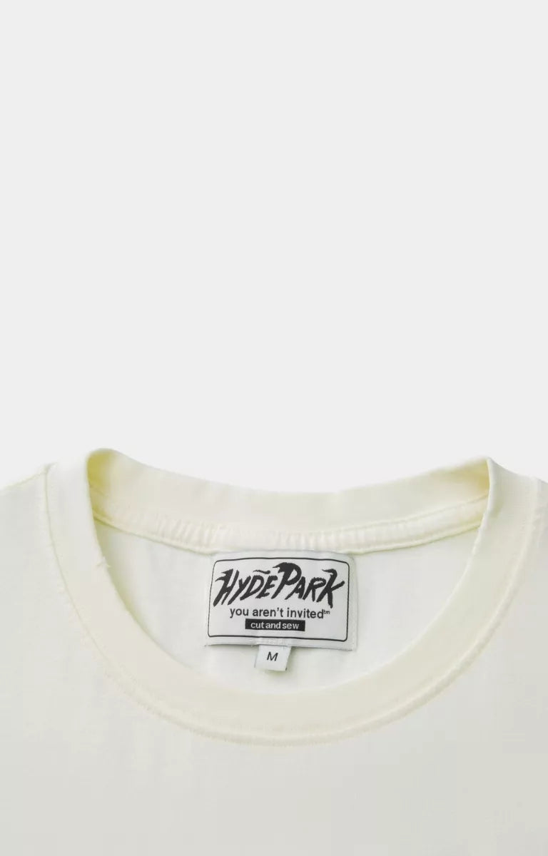 Close-up detail of Hyde Park luxury oversized white t-shirt crewneck. 