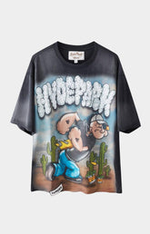 Puffing Spinach black oversized streetwear t-shirt front view with cracked screenprint.
