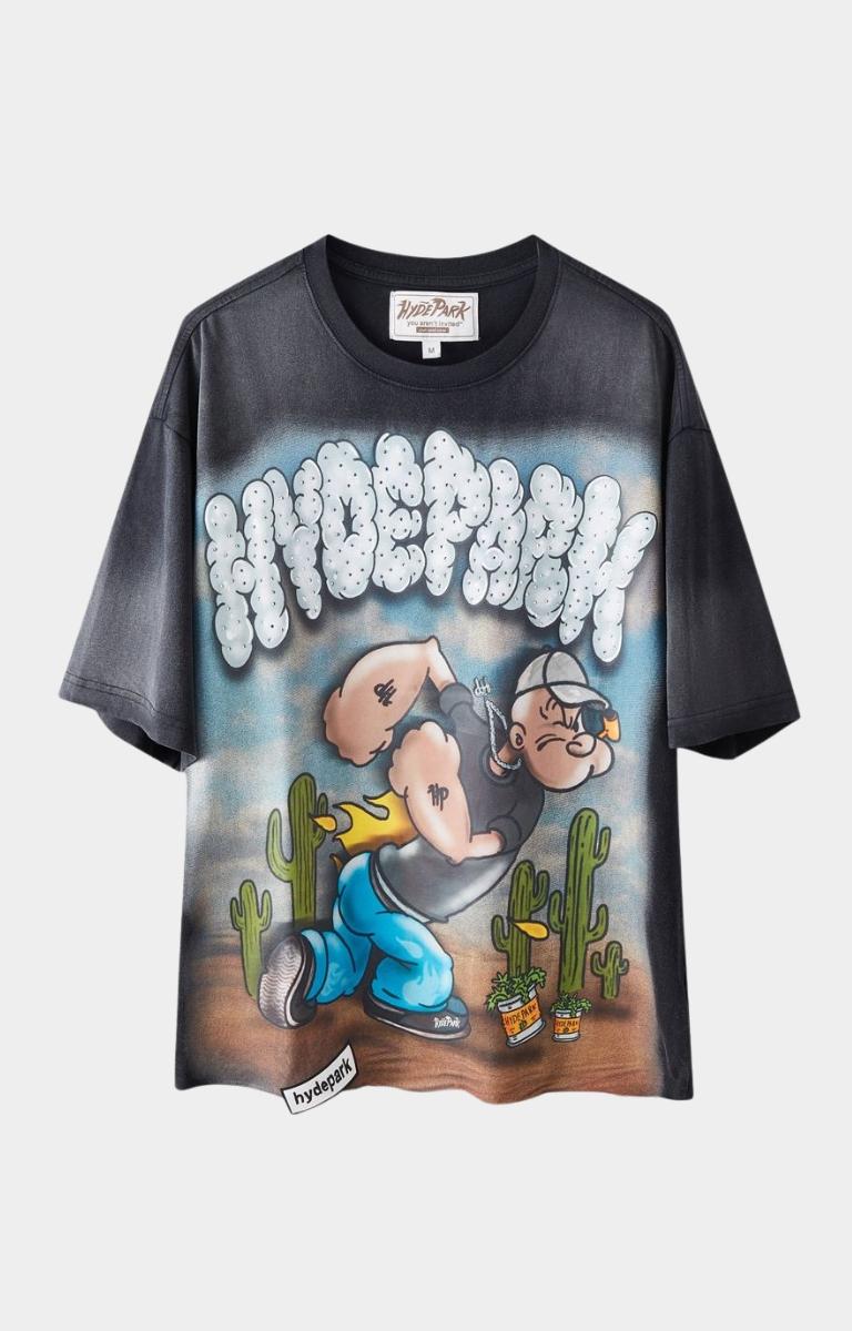 Puffing Spinach black oversized streetwear t-shirt front view with cracked screenprint.