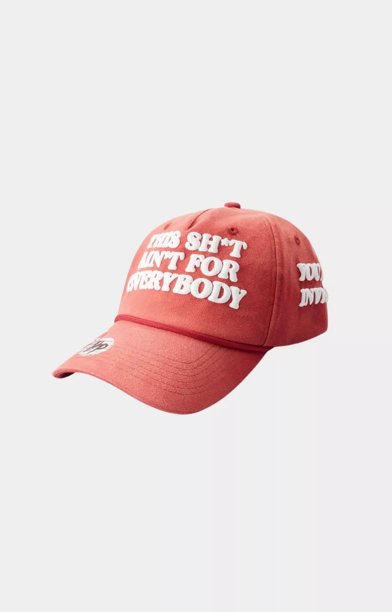 Angled view of Hyde Park premium red streetwear cap.