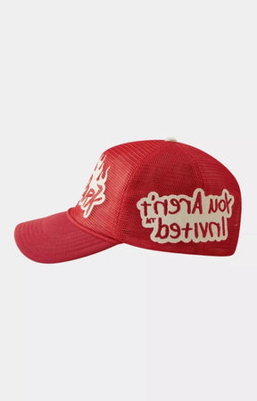 Side view of Hyde Park red trucker hat.