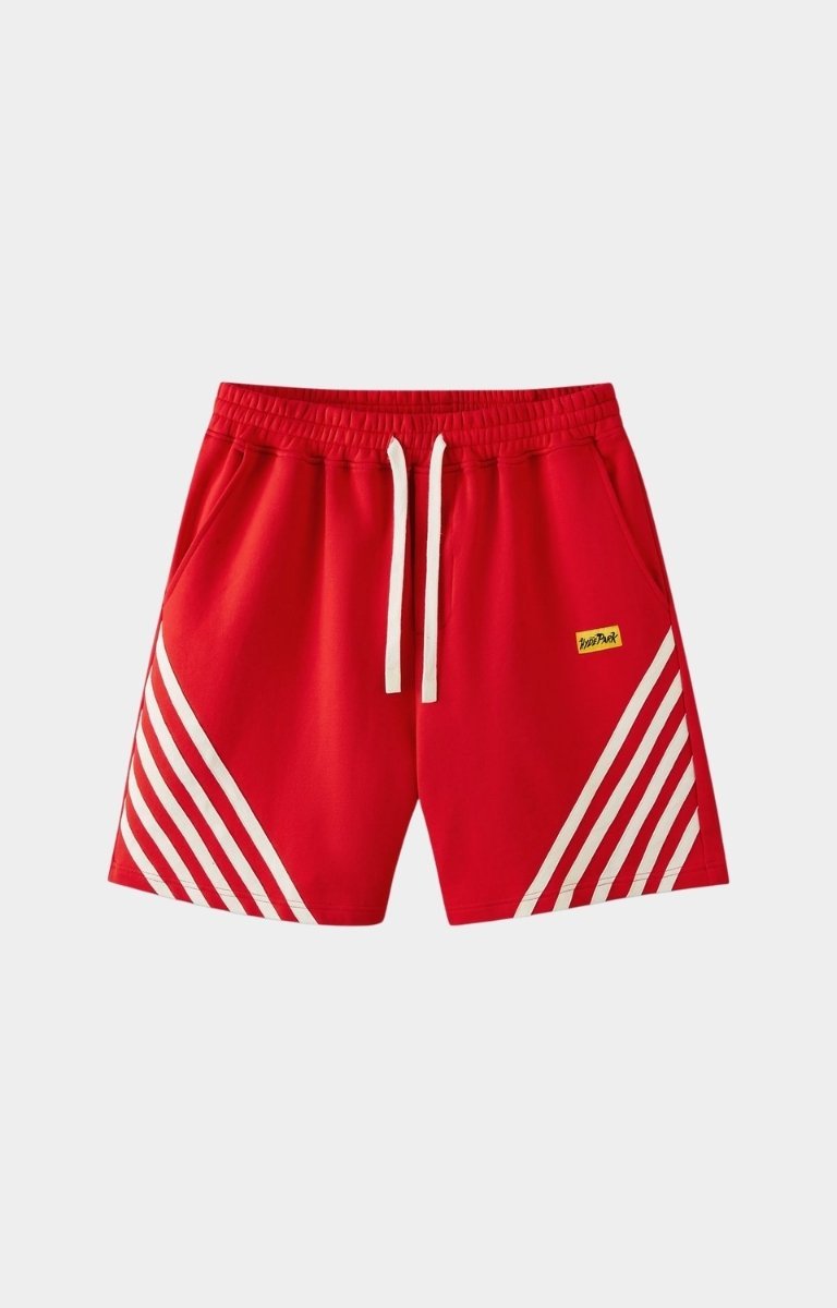Hyde Park red striped shorts front view oversized fit.