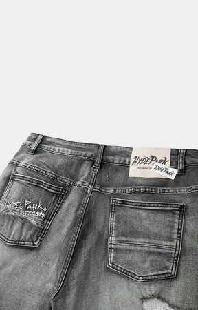 Hyde Park black streetwear denim shorts with distressed detailing.