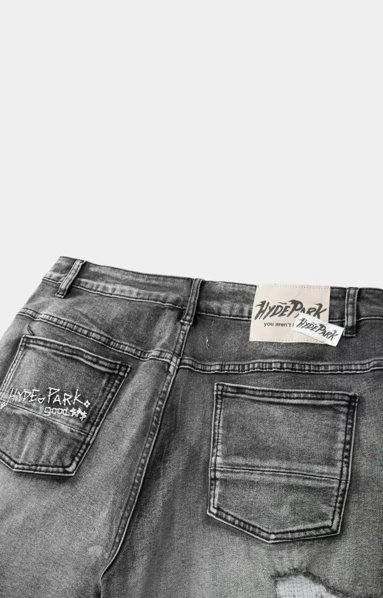 Hyde Park black streetwear denim shorts with distressed detailing.