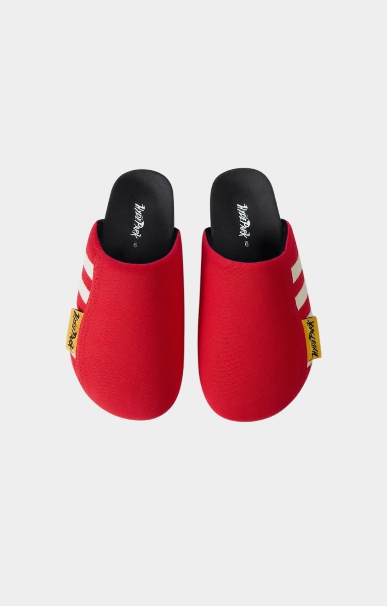 Hyde Park red and white stripe youth slides front view.