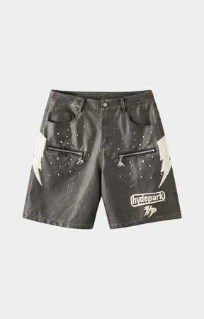 Hyde Park studded moto shorts black front view.