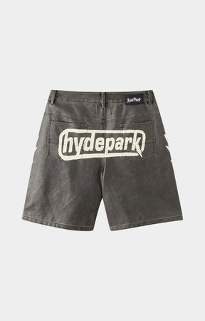 Back view of Hyde Park black moto racer shorts with Hyde Park Logo printed at back. 