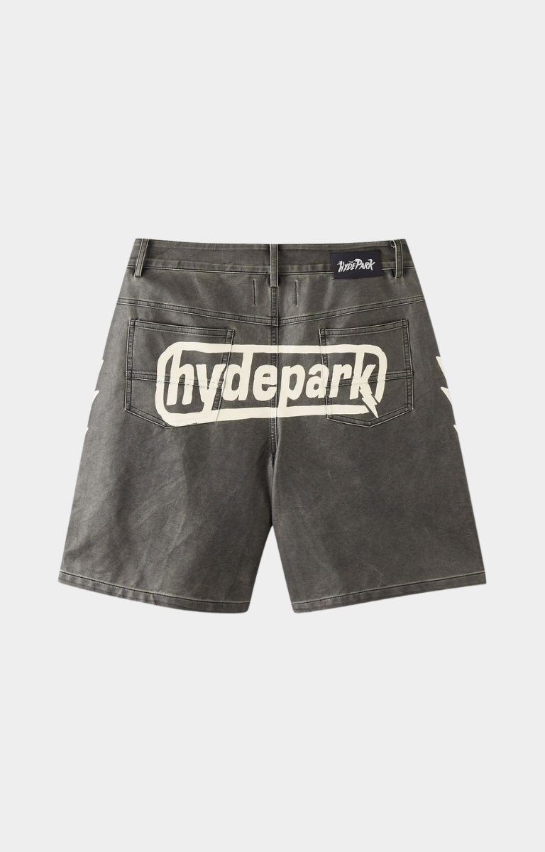 Back view of Hyde Park black moto racer shorts with Hyde Park Logo printed at back. 