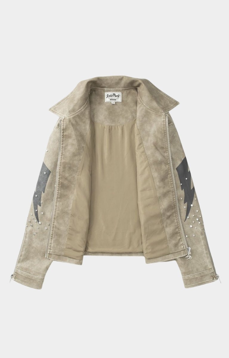 front open profile of Hyde Park Super Speed Racer Jacket in Sand