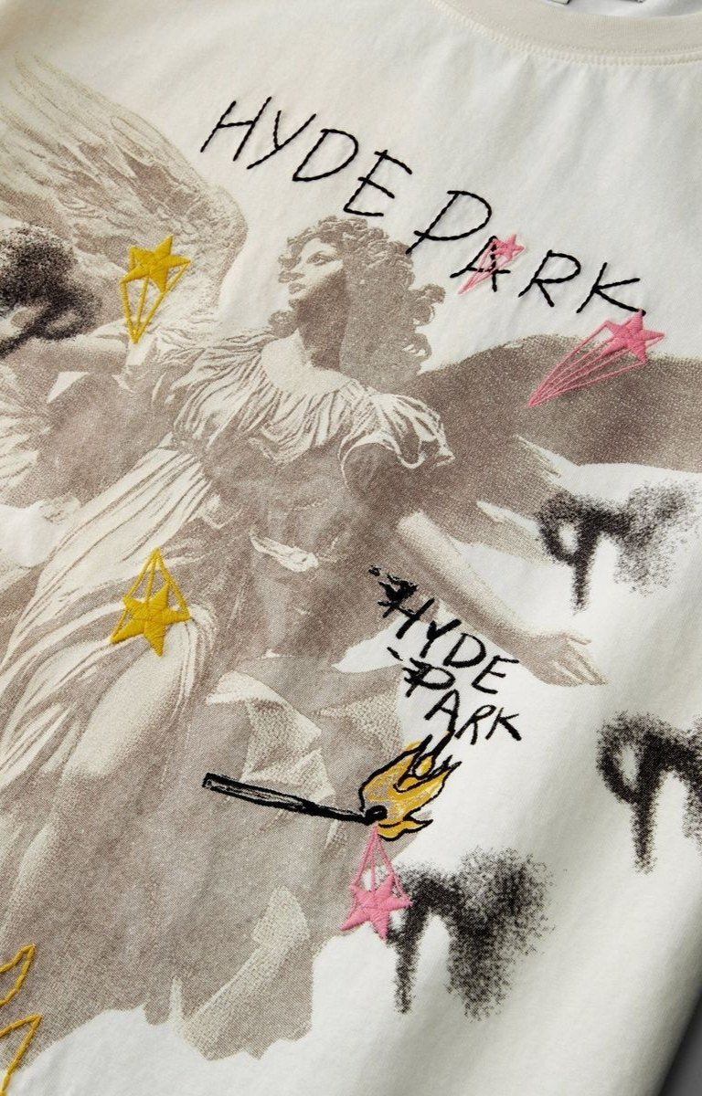 T-shirt with artistic design and 'Hyde Park' text in embroidery. 