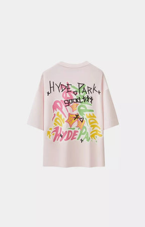 yde Park Triple Up oversized graphic t shirt pink with large back print.