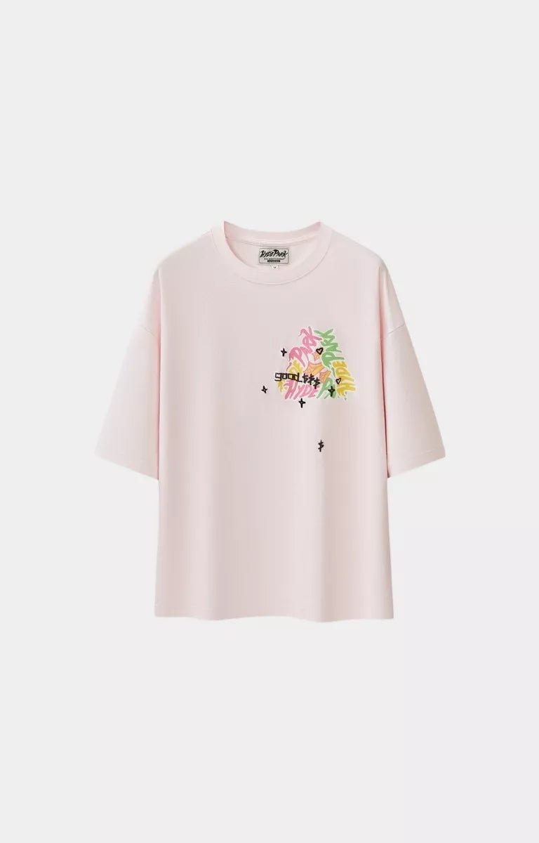 Artistic graphic streetwear tee with multi-color typography details.