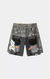 Hyde Park Upcycle camo patchwork denim jorts black front view with utility zip pockets.