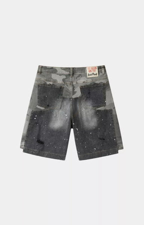 Premium Hyde Park upcycle streetwear shorts with graphic artwork and patchwork. 