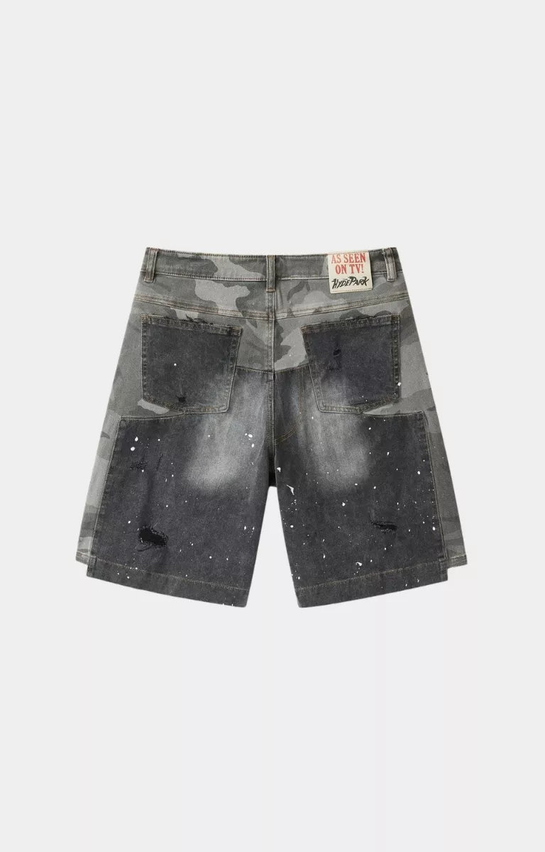 Premium Hyde Park upcycle streetwear shorts with graphic artwork and patchwork. 