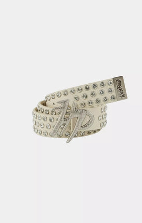 Hyde Park White HP Rhinestone Belt with crystal logo buckle front view.