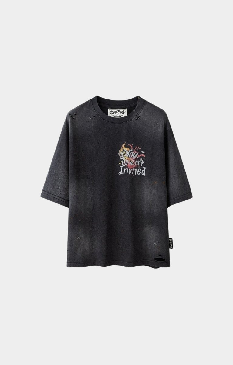 Hyde ParkYou Aren’t Invited graphic print detail on black tee