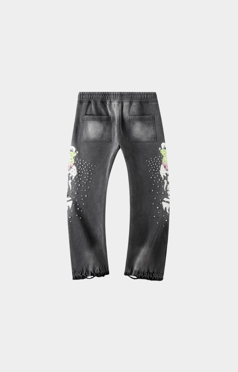 Detail view of front and back design on Green Heart pants