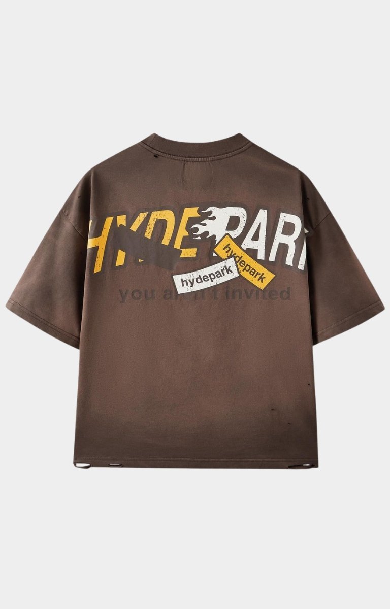 Back view of Hyde Park Rally Way Tee - Oversized in Brown with soft cotton texture.