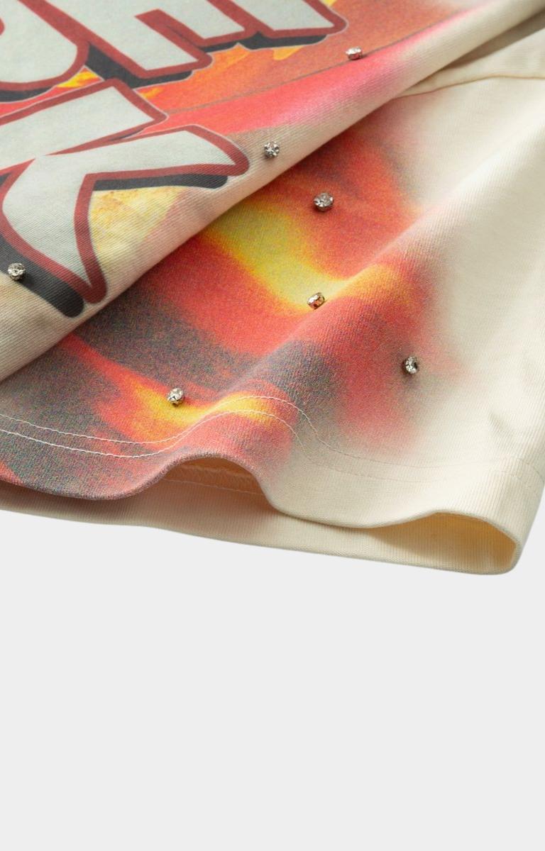 Urban outfit using Hyde Park Speed Racer cream shirt with rhinestone detail. 