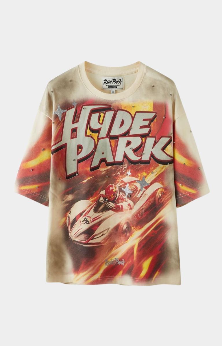 Hyde Park Goo Speed Racer T-Shirt in Cream with Rhinestones Details - Front View