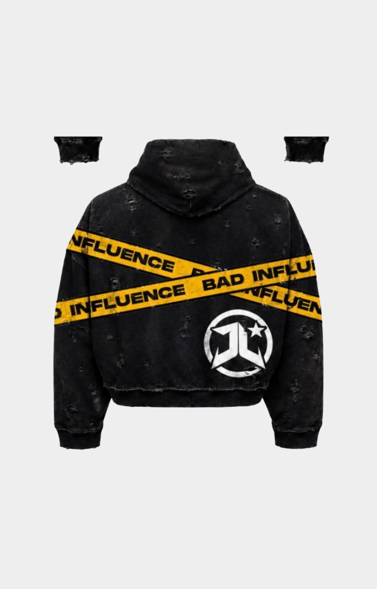 Back view of the JETLYFE Bad Influence distressed black graphic hoodie