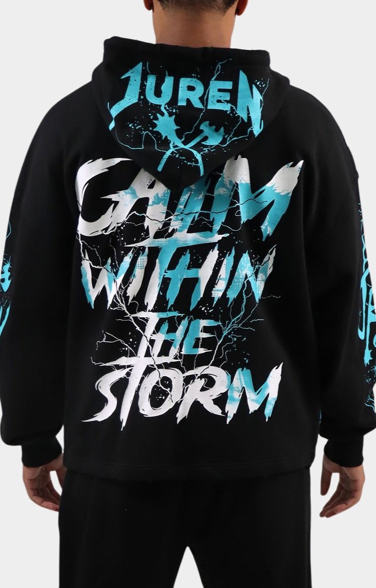 Juren Calm Within the Storm OS Hoodie back with gas mask artwork