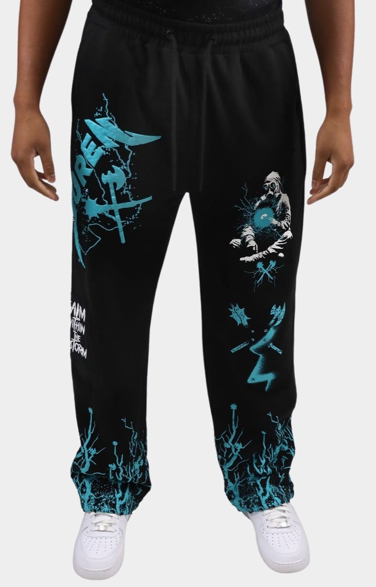 Juren Calm Within the Storm Sweat Pants front view with teal graphic artwork