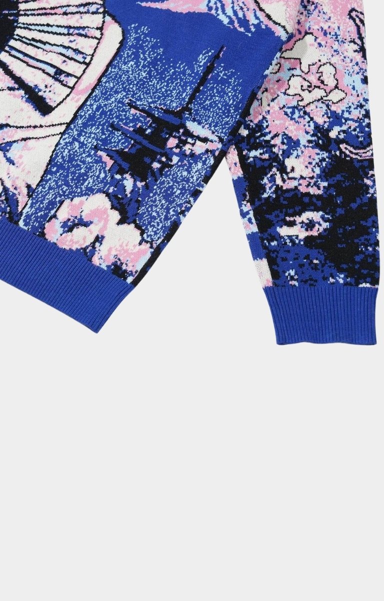 Designer knit sweater blending mythology and streetwear fashion.