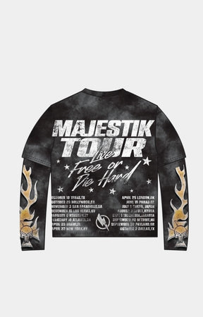 Majestik Fearless long sleeve back view with Majestik Fearless long sleeve garment dyed fabric texture