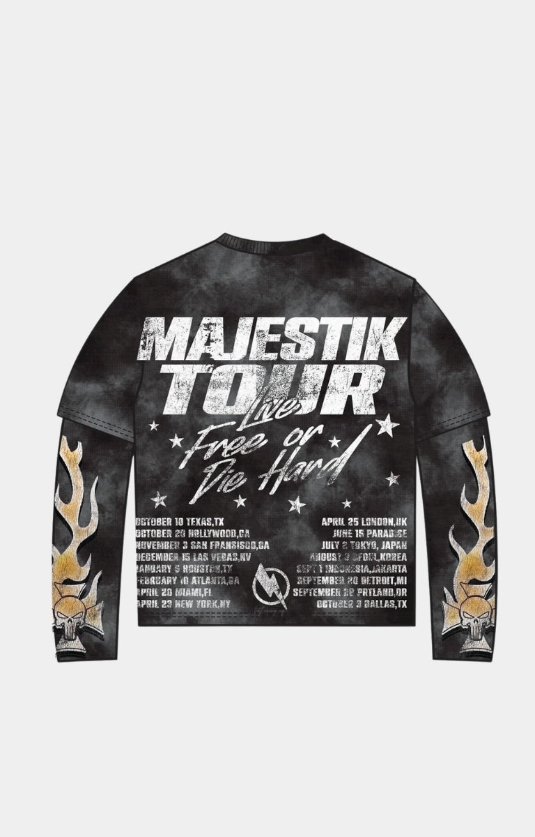 Majestik Fearless long sleeve back view with Majestik Fearless long sleeve garment dyed fabric texture