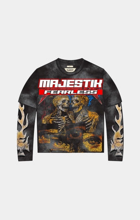 Majestik men’s Fearless long sleeve twofer front view with rhinestone logo detail and Majestik Fearless skull graphic artwork detail