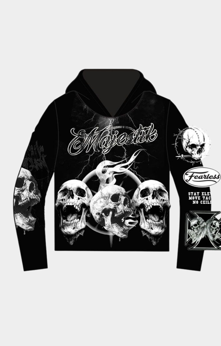 Majestik Men’s Skulls Tapestry Hoodie Black front view
