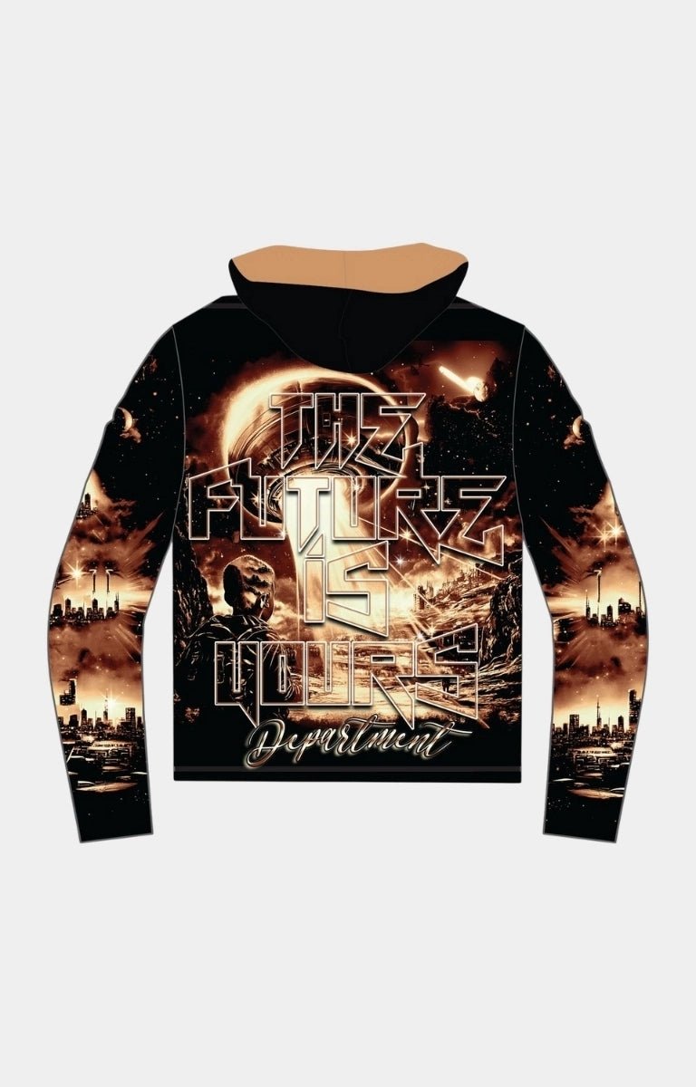 Majestik Space tapestry hoodie back view with "The Future is Yours" writing. 