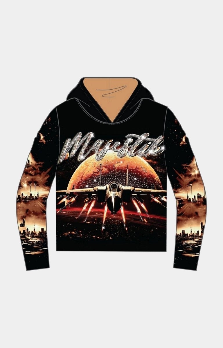 Majestik Space tapestry hoodie front view with rhinestone details. 