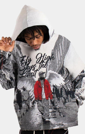 Majestik Fly High Hoodie White – Close-up of Jacquard Tapestry Detail.