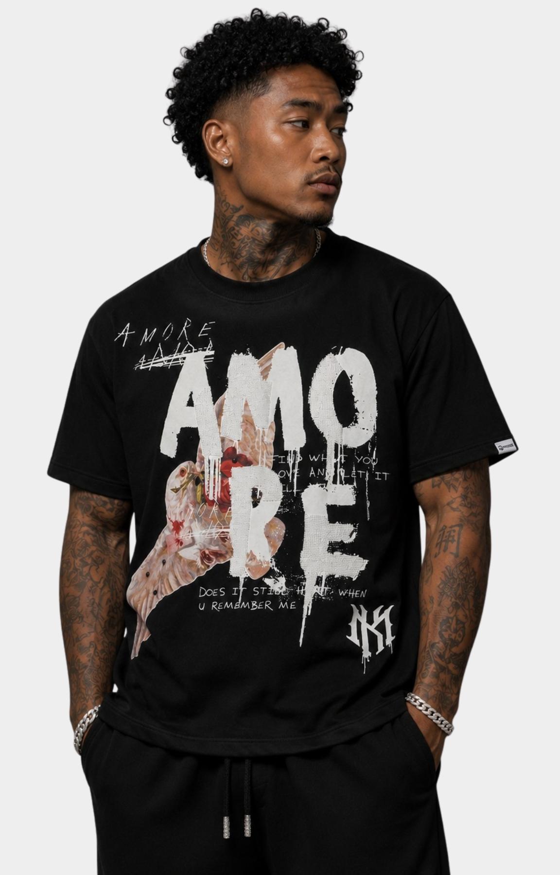 Makobi Amore graphic shirt in black front view with oversized artwork.