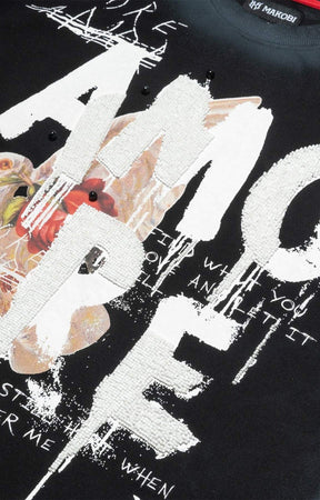 Close-up detail of Makobi Amore graphic shirt artwork