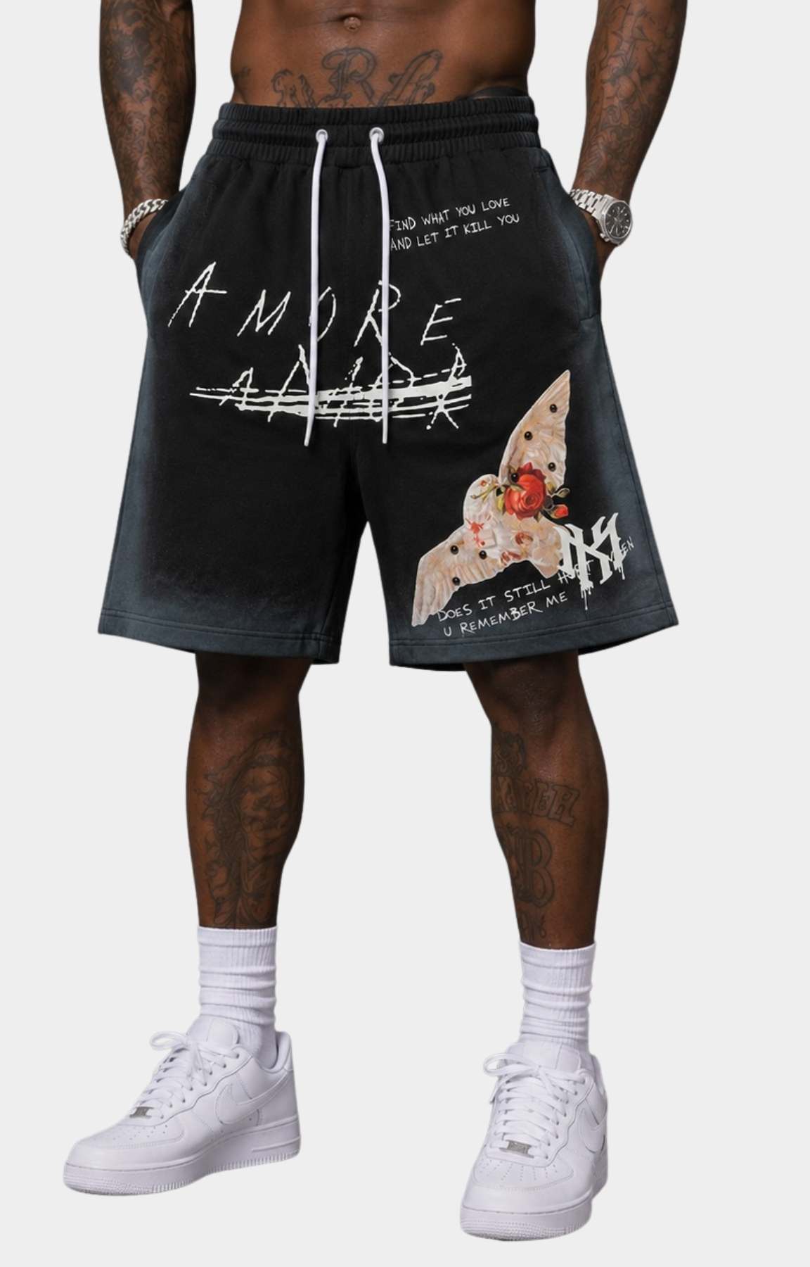 Wing and rose artwork on Makobi Amore Shorts