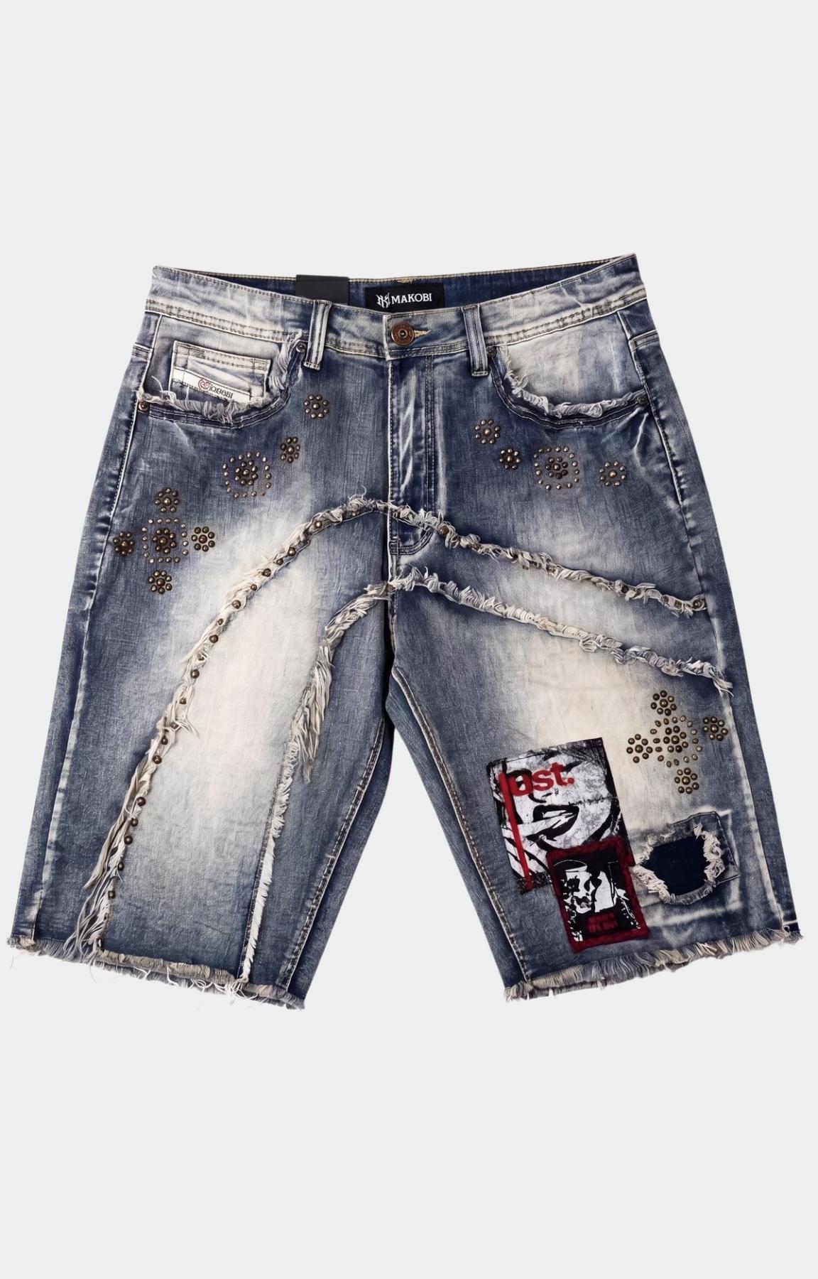 Makobi Dolore Pain Denim Shorts front view with rhinestone detailing and distressed look. 