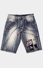 Makobi Dolore Pain Denim Shorts front view with rhinestone detailing and distressed look. 