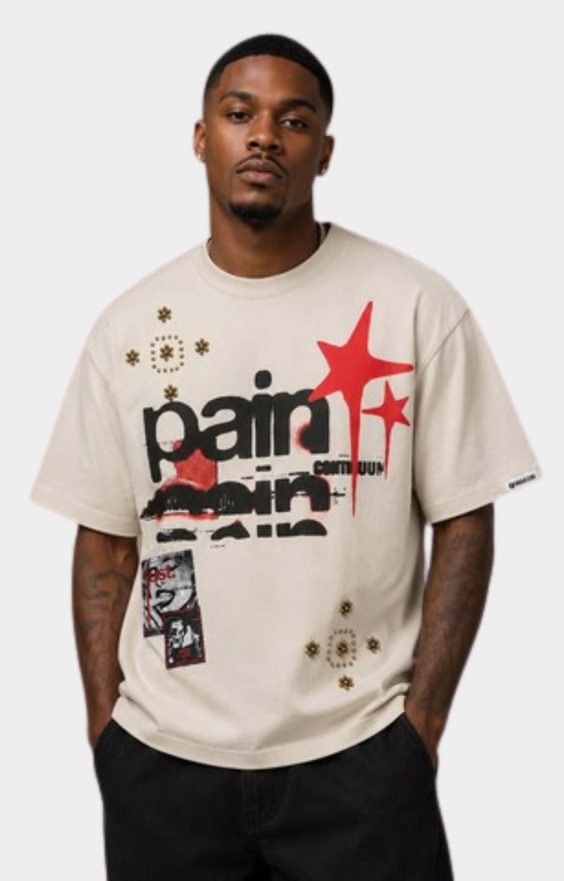 Close-up of Makobi Dolore Pain Tee graphic artwork.